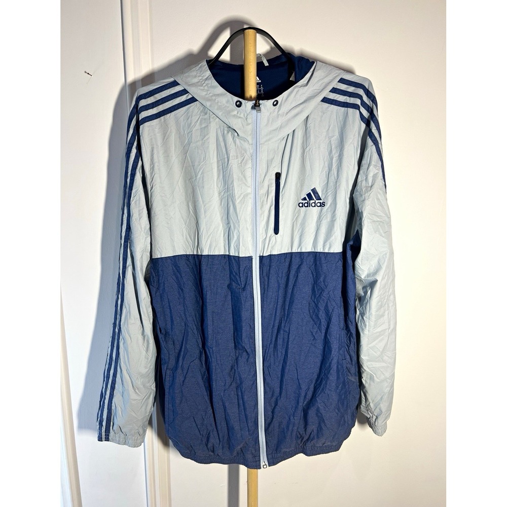 adidas Windbreaker Jacket Mens Large Blue Gray BR1456 Hooded Full Zip 3 Stripe